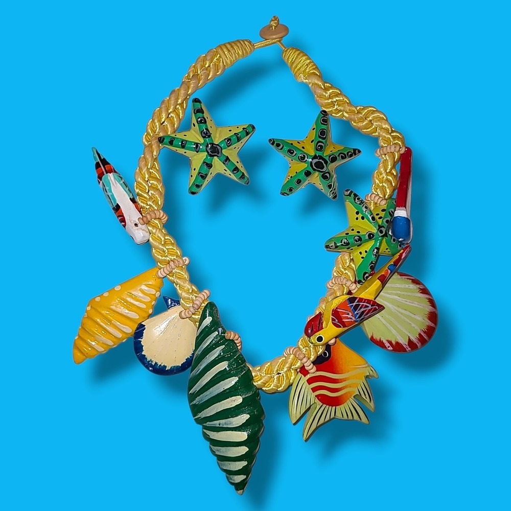 Vintage Coastal Shell Starfish Necklace Set Clip Earrings Parrot Fish 18in